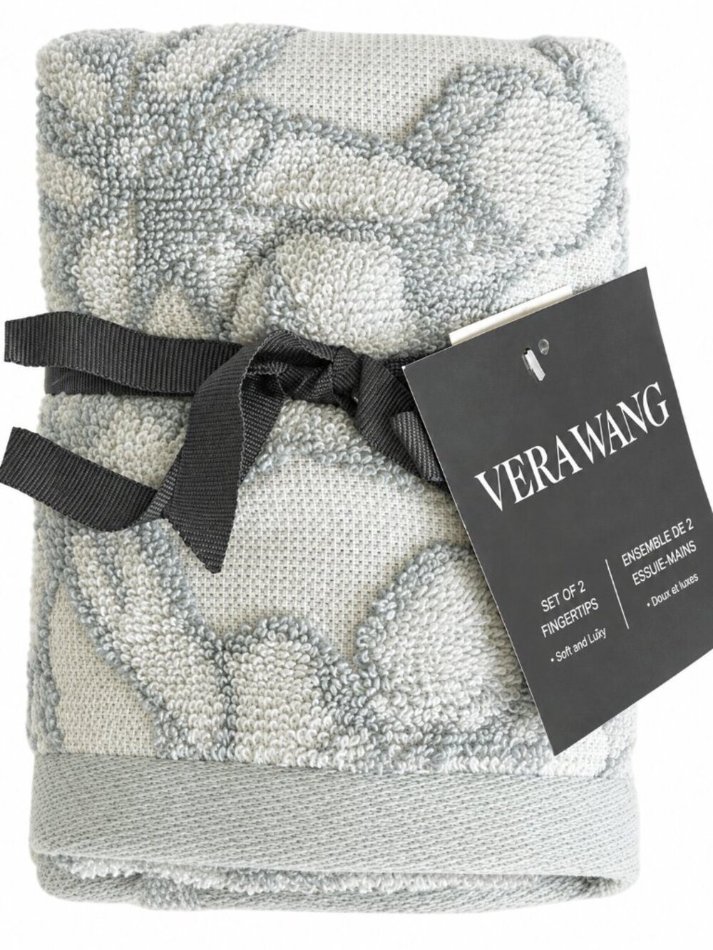 Vera Wang Fingertip Towels Sculptured Bath 12x18 Gray White Set of 2
